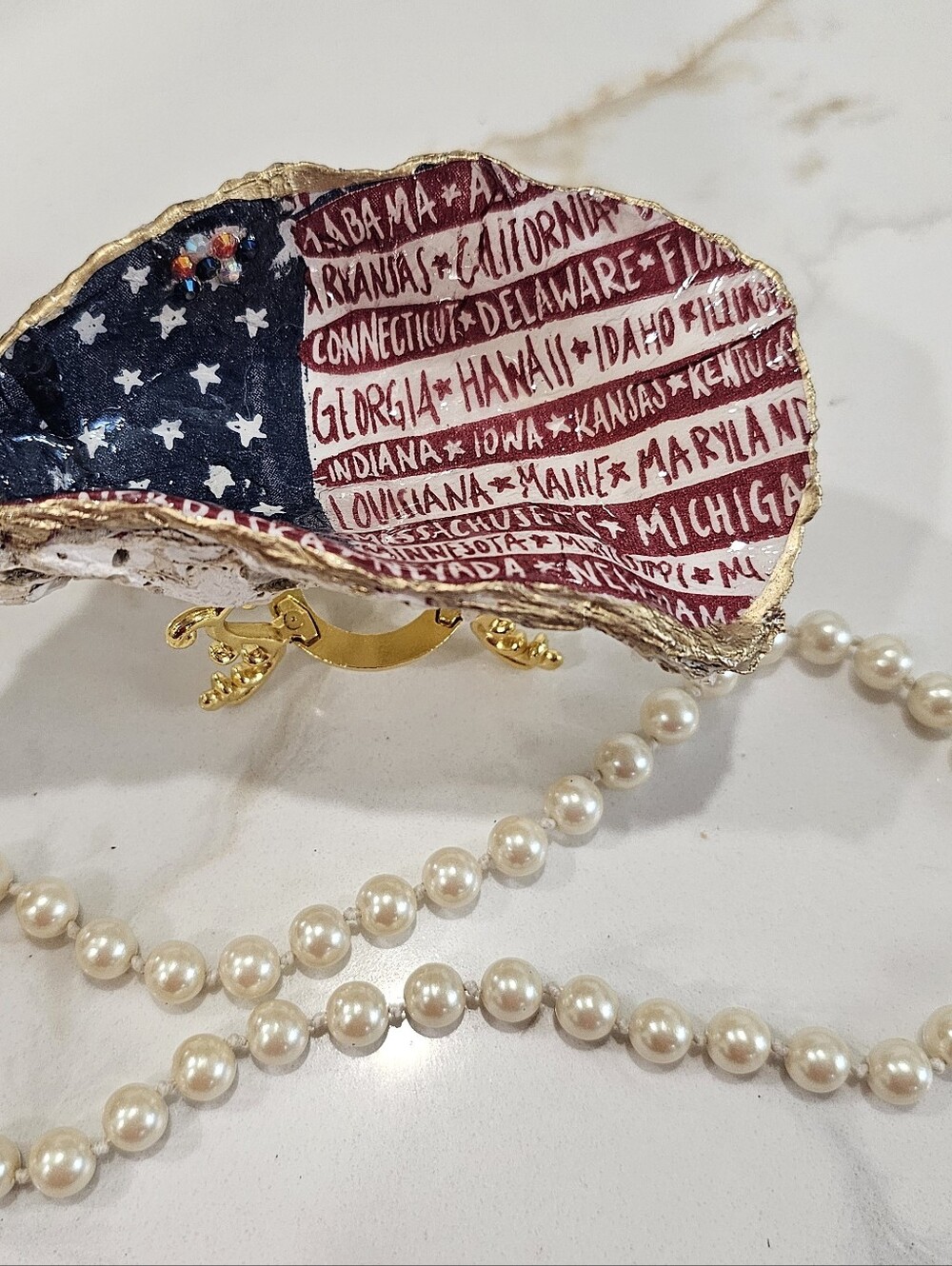 Handmade American Flag Patriotic Decoupage Oyster Trinket Dish w/ Gold Stand